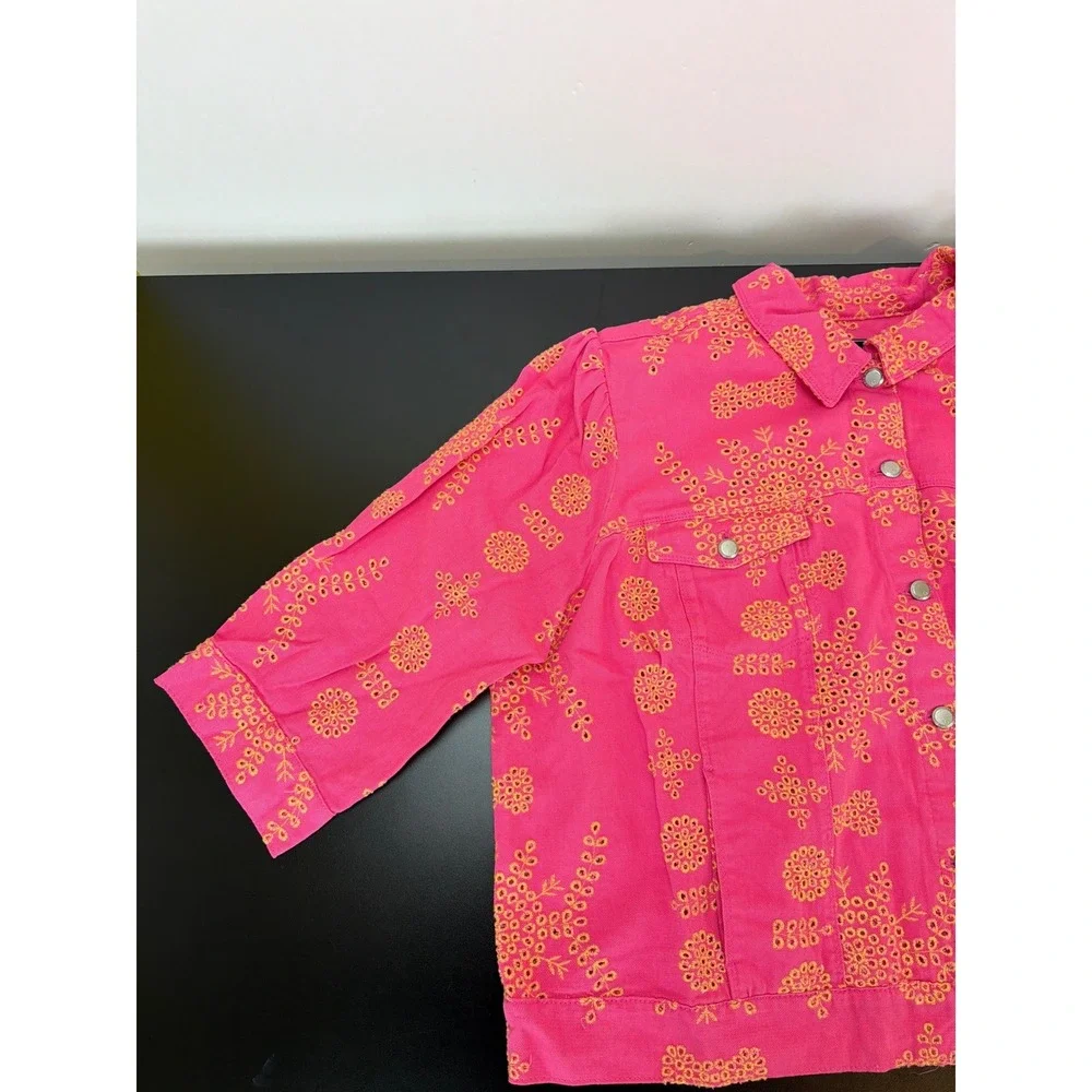 G by Giuliana Black Label Pink Puff‎ Sleeve Eyelet Denim Jacket 3X Feminine